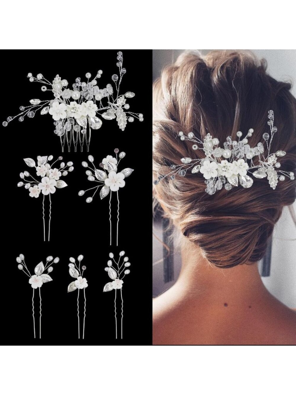 Women's Silver Rhinestone Crystal Bridesmaids Modern Pearl Hair Clips